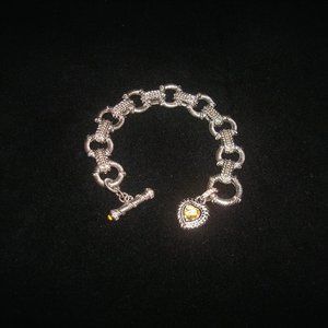 Judith Ripka Sterling Silver Citrine CZ Textured Toggle Bracelet w/Heart Charm